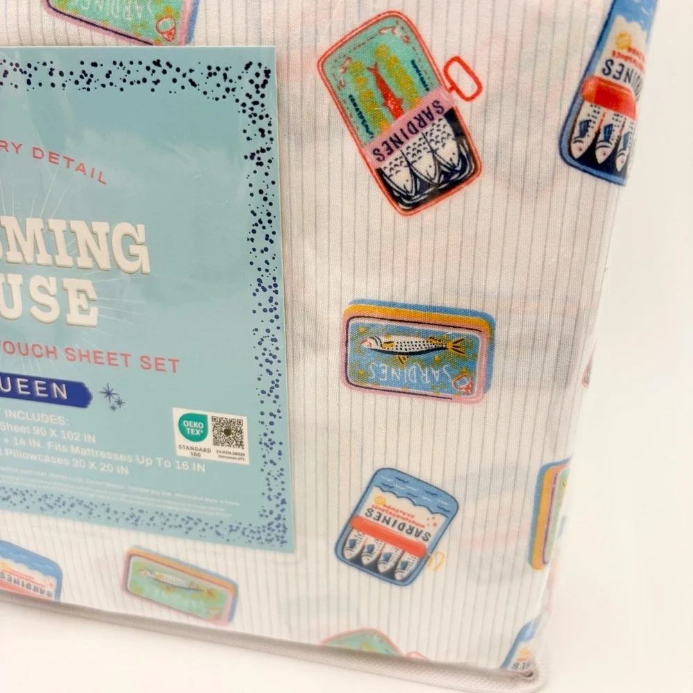 Charming House Queen Sheet Set 6 Piece Soft Touch Sardine Tin Print Blue White
